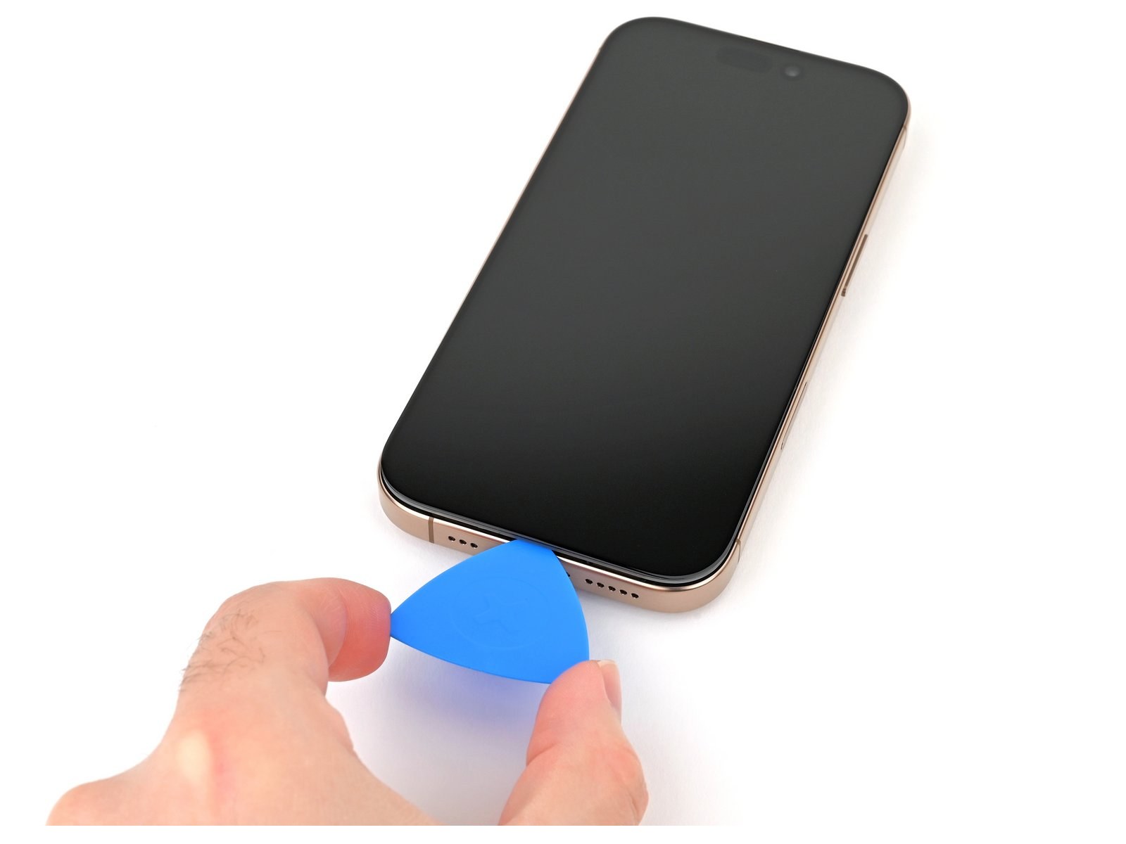 iPhone 16 Pro — Slice the bottom edge adhesive (logo-free)